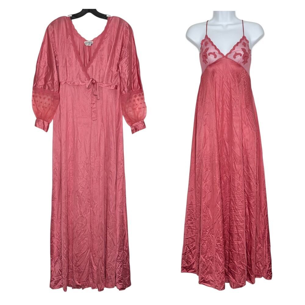 Vintage Peignoir Set Nightgown Robe Lace Bridal Honeymoon Babydoll Maxi Pink PM